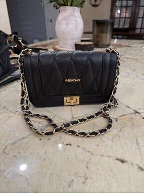 Valentino Black Quilted Leather Crossbody with Gold Chain
